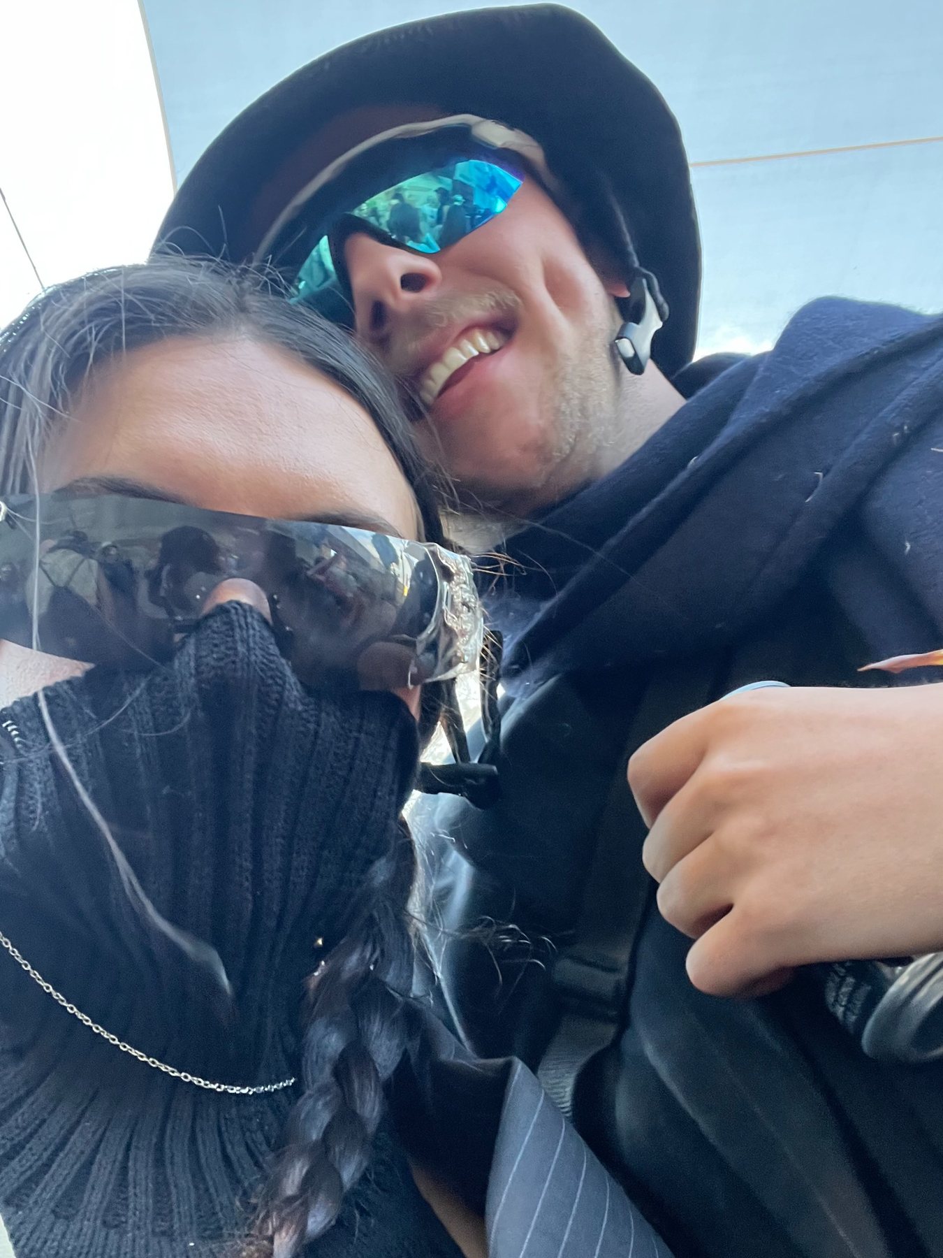 Bianca and Tom wearing ski goggles