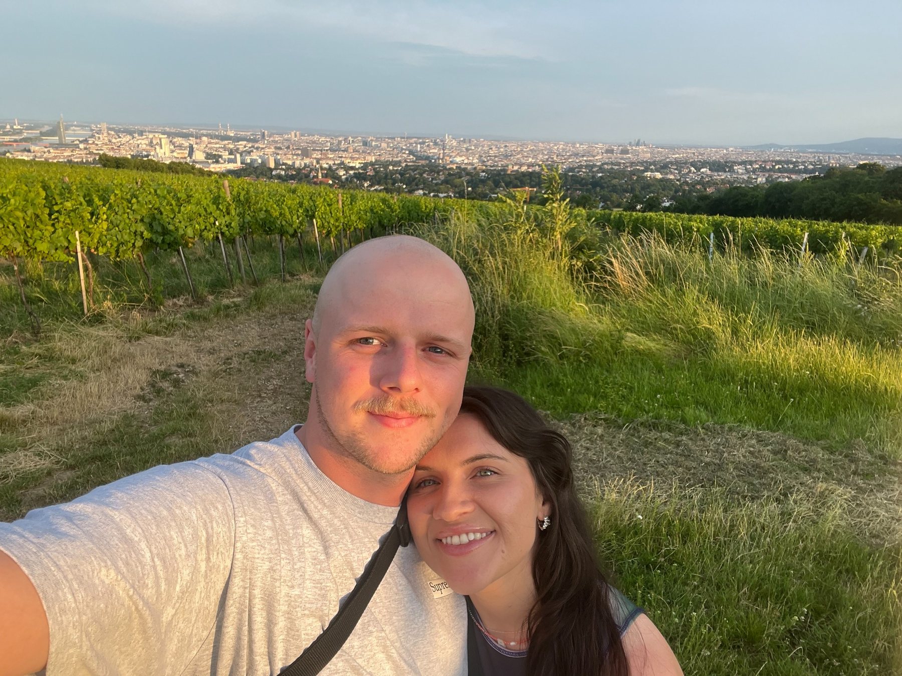 Bianca and Tom overlooking vineyards